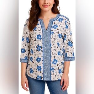 Talbots Women’s Size Medium Popover Blouse Blue White Floral Grecian Preppy
